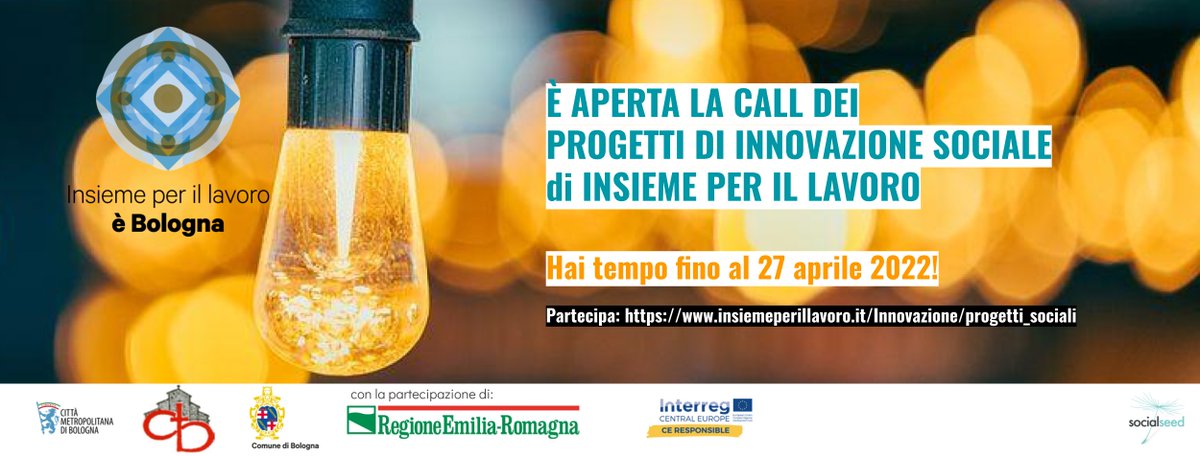 💡CALL PROGETTI DI INNOVAZIONE SOCIALE di #Insiemeperillavoro: aperta ancora per qualche giorno!
🧐Per info e dettagli: insiemeperillavoro.it/.../RASe.../P/… 
👉A questo link il form per candidarsi: lnkd.in/dhJMiQz9
<a href="/comunebologna/">Comune di Bologna</a> <a href="/cittametrobo/">CittàmetroBologna</a> Arcidiocesi di Bologna <a href="/RegioneER/">Regione Emilia-Romagna</a>