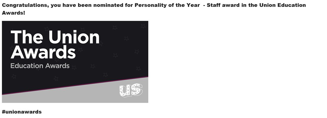 Helfletchatwork's tweet photo. What a lovely thing to receive when checking my emails this morning! Made me a bit emotional. Thank you for the nomination!! #derbyuni #unionawards @DerbyUnion  #WideningAccessDerby 🥳🥳🥳🥳 https://t.co/h5d3bRgf3L