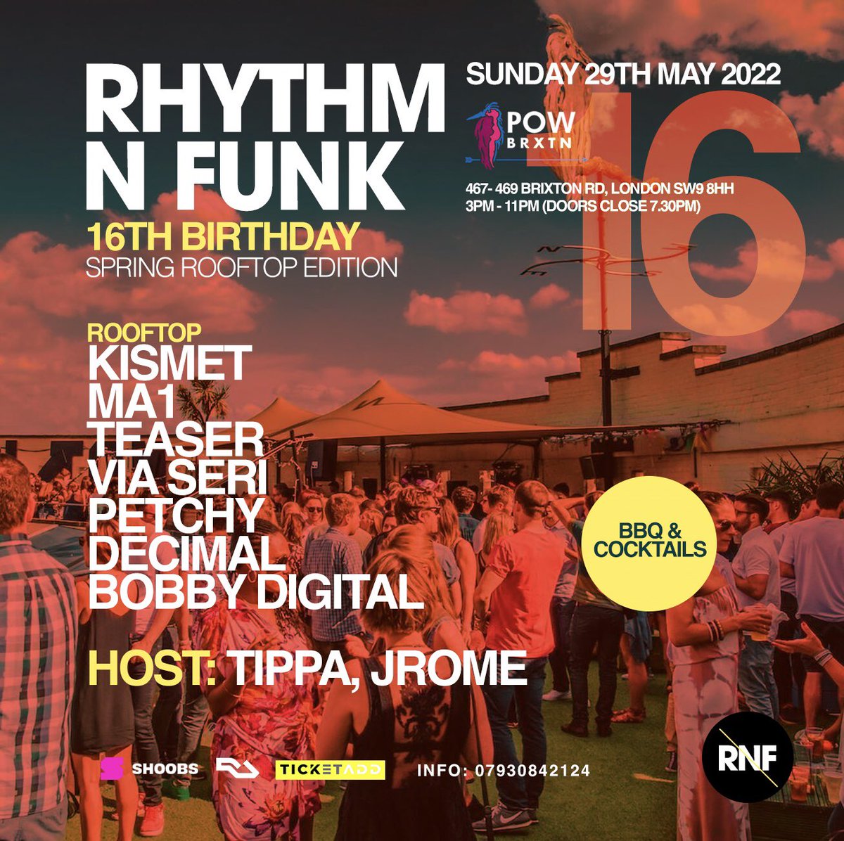 Our rooftop party 29th May 3pm - 11pm celebrating 16 years 🎉 w/ these guys <a href="/djma1/">MA1</a> <a href="/tippademus/">tippa</a> <a href="/djkismet/">Kismet Don</a> <a href="/Teaserdj/">Teaserdj</a> <a href="/jromePR/">J'ROME</a> + more . ra.co/events/1520364