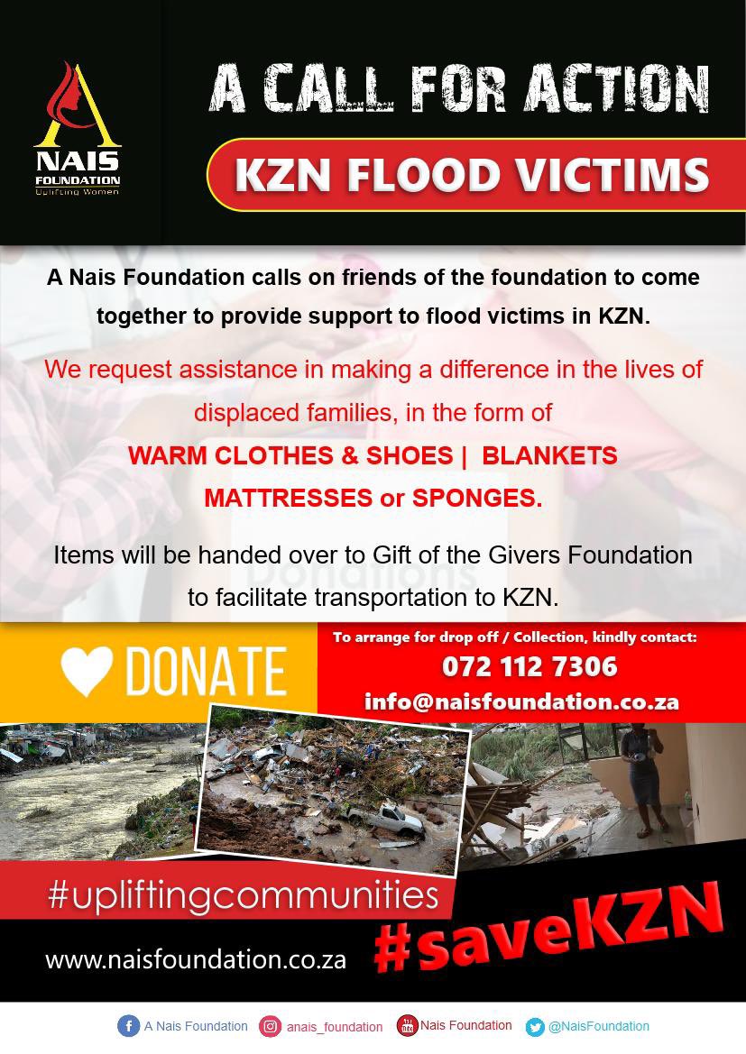 NaisFoundation's tweet photo. Let us do our bit in helping the flood victims in KZN, by donating previously loved clothing & shoe items, blankets, and mattresses. @neo_mafolo @RefilweMochoari
#upliftingcommunities
#saveKZN https://t.co/Um7UKwZWUx
