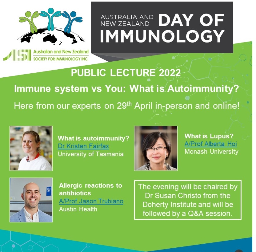 Day of Immunology (@dayofimmunology) on Twitter photo Why do our immune system sometimes target our cells? Join us at <a href="/TheDohertyInst/">Doherty Institute</a> on the 29 April for a public lecture on Autoimmunity. Featuring <a href="/FairfaxKirsten/">Kirsten Fairfax</a> <a href="/TrubianoJason/">Jason Trubiano 🆔</a> and Alberta Hoi
Sign up: immunology.org.au/events/-ASI-Pu… #DoImmuno #DayofImmunology #ThankYouImmunology #SciComm Why do our immune system sometimes target our cells? Join us at <a href="/TheDohertyInst/">Doherty Institute</a> on the 29 April for a public lecture on Autoimmunity. Featuring <a href="/FairfaxKirsten/">Kirsten Fairfax</a> <a href="/TrubianoJason/">Jason Trubiano 🆔</a> and Alberta Hoi
Sign up: immunology.org.au/events/-ASI-Pu… #DoImmuno #DayofImmunology #ThankYouImmunology #SciComm