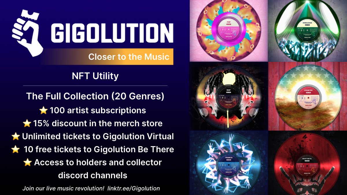 gigolution's tweet photo. 🚨Gigolution NFT Utility🚨
😎The Full Collection - 20 Genres😎
#CNFT #CNFTCommunity #cnftproject #Cardano #CNFTdrop #ADA #Gigolution #vinylcollection #NFTutility https://t.co/ETUSmxDYYQ