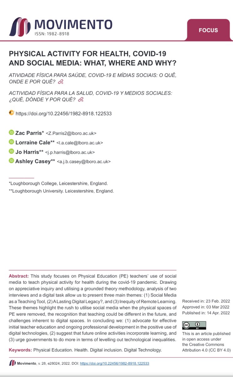 Delighted to publish this paper on Physical Activity for Health, COVID-19 and Social Media. Thanks to my amazing co-authors/supervisors <a href="/DrAshCasey/">Ash Casey</a>, Lorraine Cale and <a href="/DrJoHarris/">Dr Jo Harris</a>. For open access, see link below.

seer.ufrgs.br/index.php/Movi…

All RTs massively appreciated 🙏