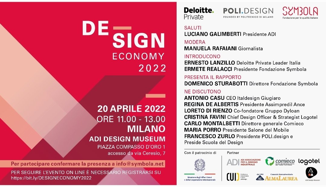 Sono lieta di intervenire insieme ad altre importanti personalità oggi alle 11 al @MuseumAdi dove verrà presentata la ricerca #DesignEconomy sul ruolo del #design per #competitività #imprese #futuro del #madeinitaly di @SymbolaFondazio