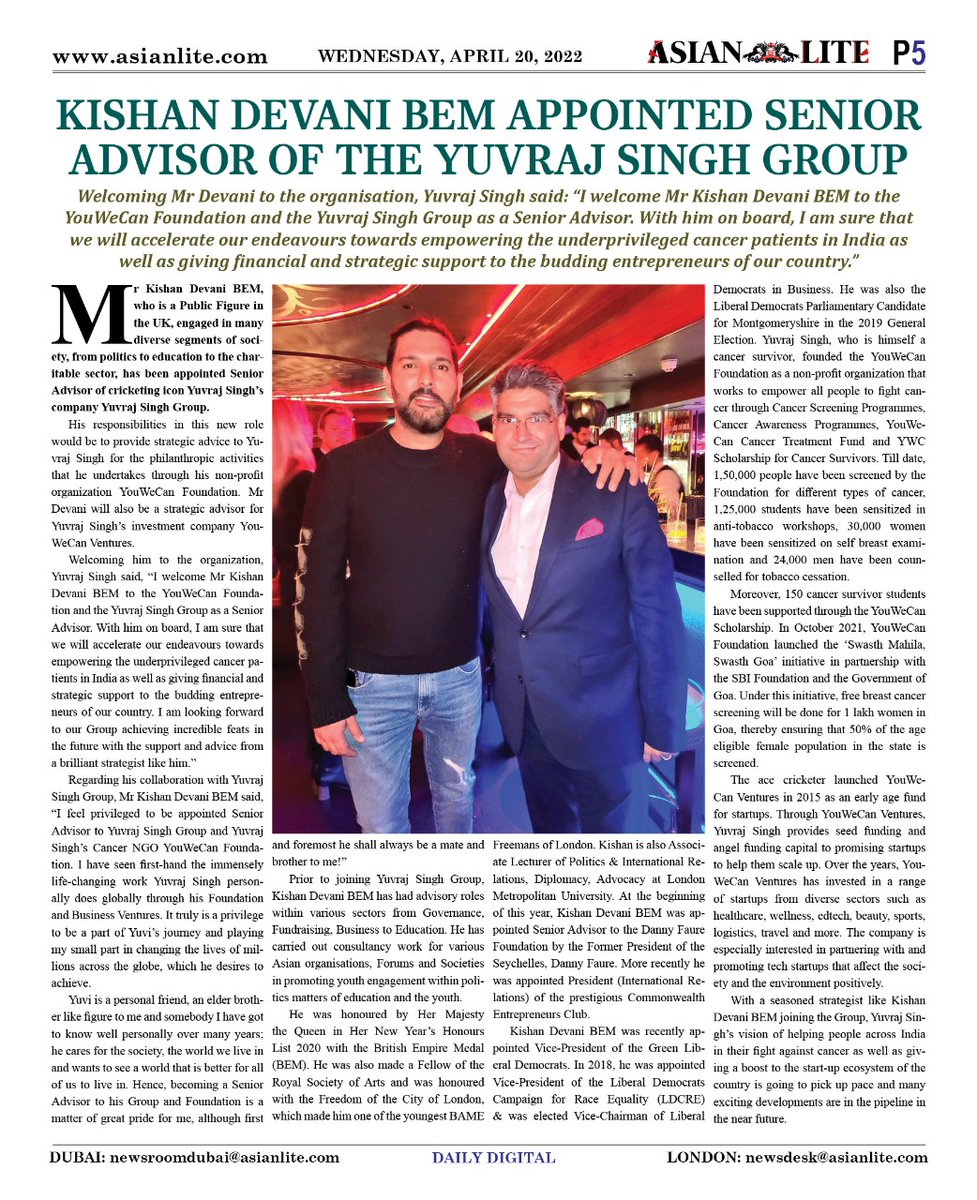 Kishan_Devani's tweet photo. Absolutely honoured to be appointed Senior Advisor to  #Indian Cricket Legend @YUVSTRONG12 Group of Companies &amp; his remarkable Cancer #NGO - @YOUWECAN. #Yuvi is a brother to me &amp; a friend, to be able to be part of his inspirational journey is a privilege.
https://t.co/mh0yodCjPc https://t.co/SllvXy2VJA