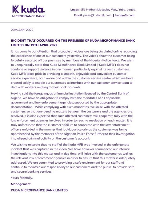 Kuda bank reacts to report of assault of customer