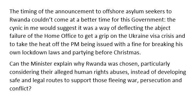 The question I would have asked yesterday about the callous, cruel decision to "offshore" asylum seekers to Rwanda had I been called.