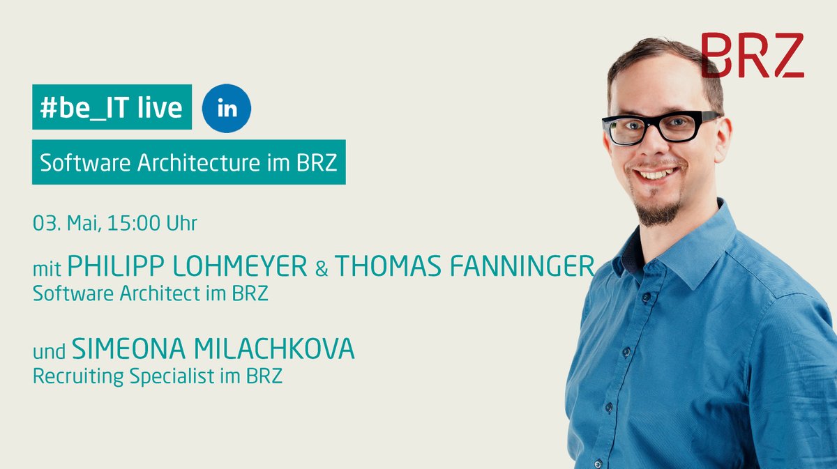 brz_gmbh's tweet photo. #be_IT live auf Linkedin: BRZ-Recruiting Specialist Simeona Milachkova spricht mit unseren Kollegen über Software Architecture im BRZ. Den 3. Mai, 15:00 Uhr gleich vormerken: https://t.co/xgbiu4X6df #ITJobs https://t.co/usEgqK37Uq