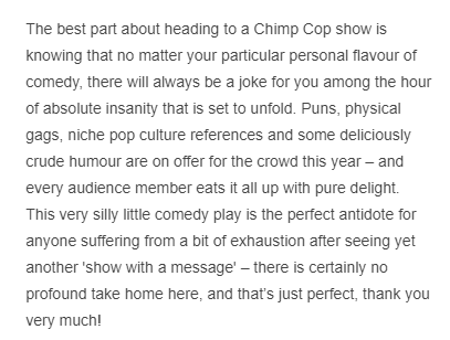 chimpcopcomedy's tweet photo. This is literally our goal as a comedy group, this is such a nice review! We just want to make everyone laugh ❤️❤️❤️❤️ https://t.co/szuChEU1h7