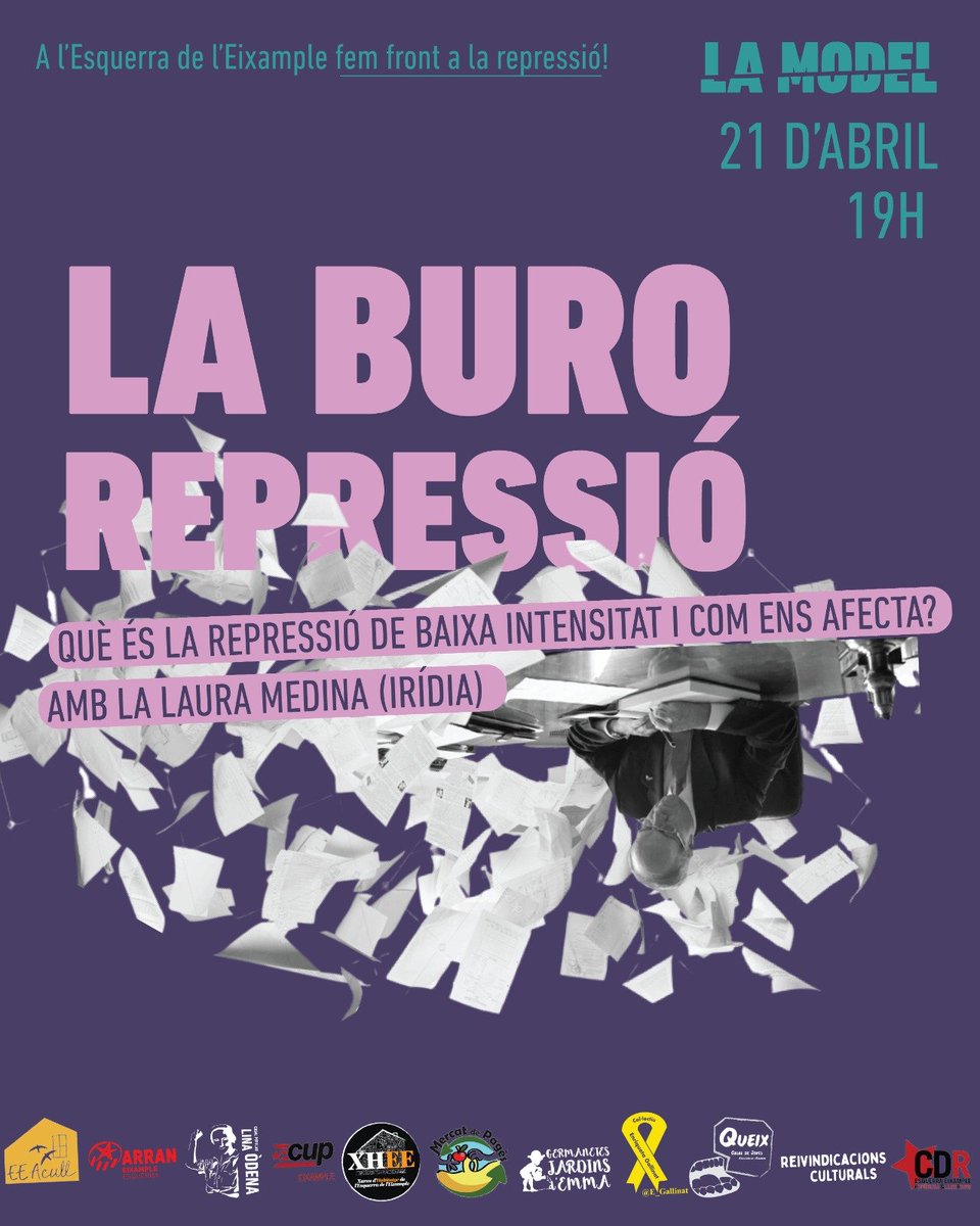 ⚠️ATENTES. Aquest dijous 21 a les 19h a la Model:"La burorepressió"

Què és la persecució de baixa intensitat? Quin objectiu persegueixen? Demà amb <a href="/centre_IRIDIA/">IRÍDIA</a>