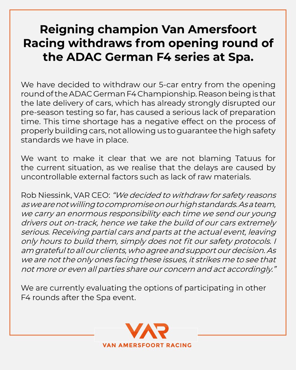 STATEMENT: Reigning champion Van Amersfoort Racing withdraws from opening round of the ADAC German F4 series at Spa.