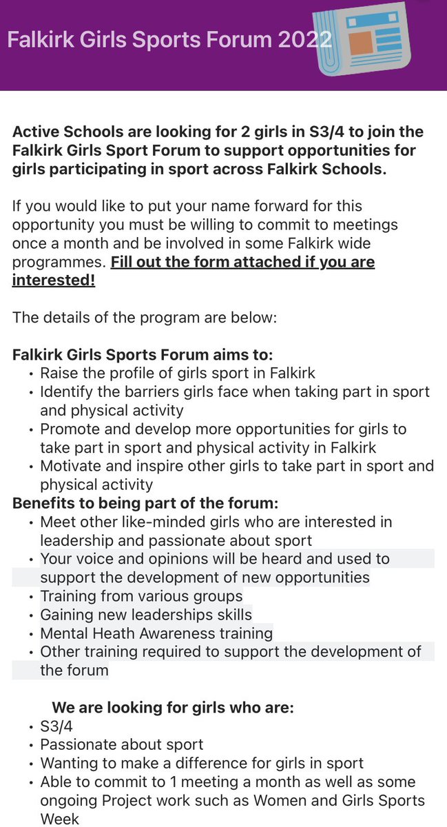Active Schools are looking for 2 girls in S3/4 to join the Falkirk Girls Sport Forum to support opportunities for girls participating in sport in Falkirk.
 
Fill out the sway attached to put your name forward. 

sway.office.com/RYCbO7XFSgcbsY…

Further details below, 2 days left to apply