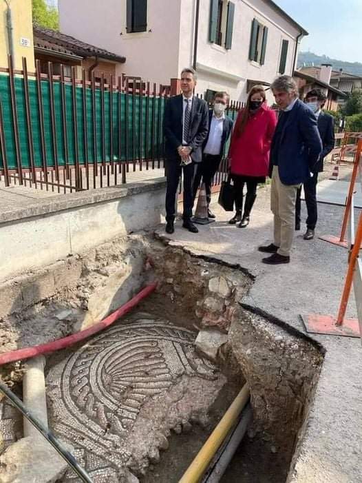 Anceint Roman mosaic floor found last week. A section of ancient Roman mosaic flooring believed to be from 6th century villa of Ostrogoth king Theodoric the Great has been discovered near Verona, during digging to replace gas pipes at Montorio outside Verona.