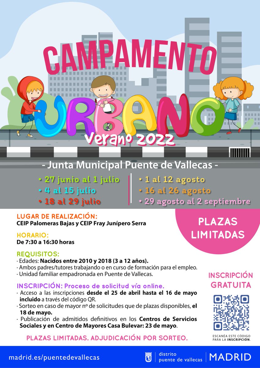 JMDpvallecas's tweet photo. 📢Campamentos de verano en #PuentedeVallecas 

- Plazo de inscripción desde el 25 de abril hasta el 16 de mayo. 
- Plazas limitadas.
- Inscripción gratuita https://t.co/ZBtzd6JQg2
