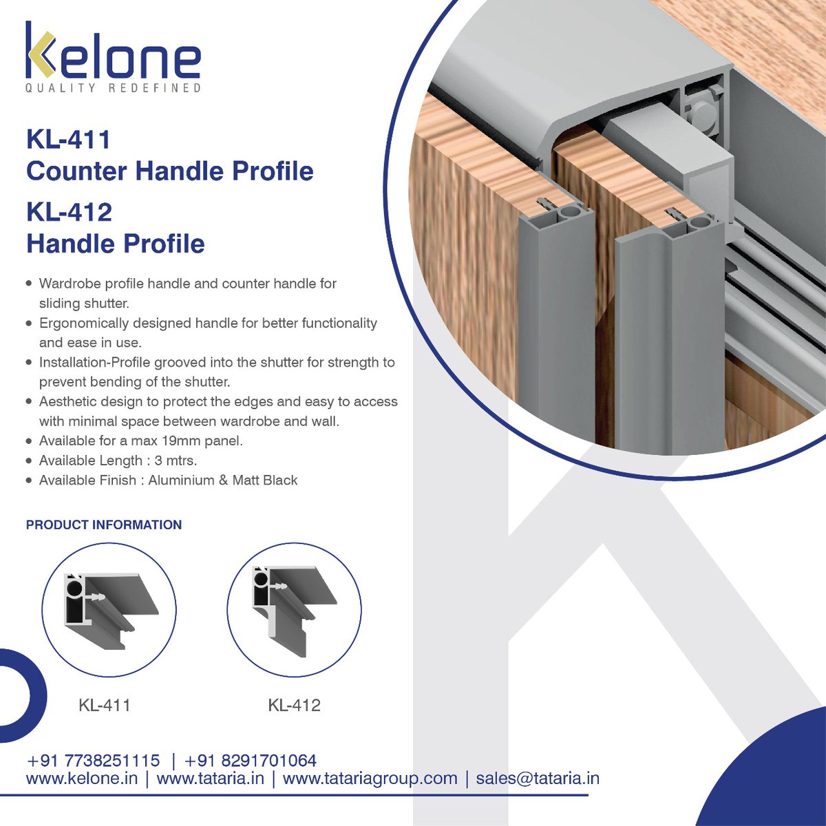 HardwareSamachr's tweet image. Kelone KL-411 - #CounterhandleProfile | KL-412 - #HandleProfile
Wardrobe profile handles and counters handle for
the sliding shutter. Aesthetic design to protect the edges and easy to access with minimal space between wardrobe and wall.
#TatariaGroup #FurnitureHardware