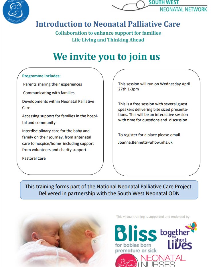 @swneonatal with <a href="/NeoPallCare/">National Neonatal Palliative Care Project</a> are offering a free Introduction to Neonatal Palliative Care session for all peer supporters in the South West region on Wednesday 27th April. If you would like a place or for more information please email joanna.bennett@uhbw.nhs.uk