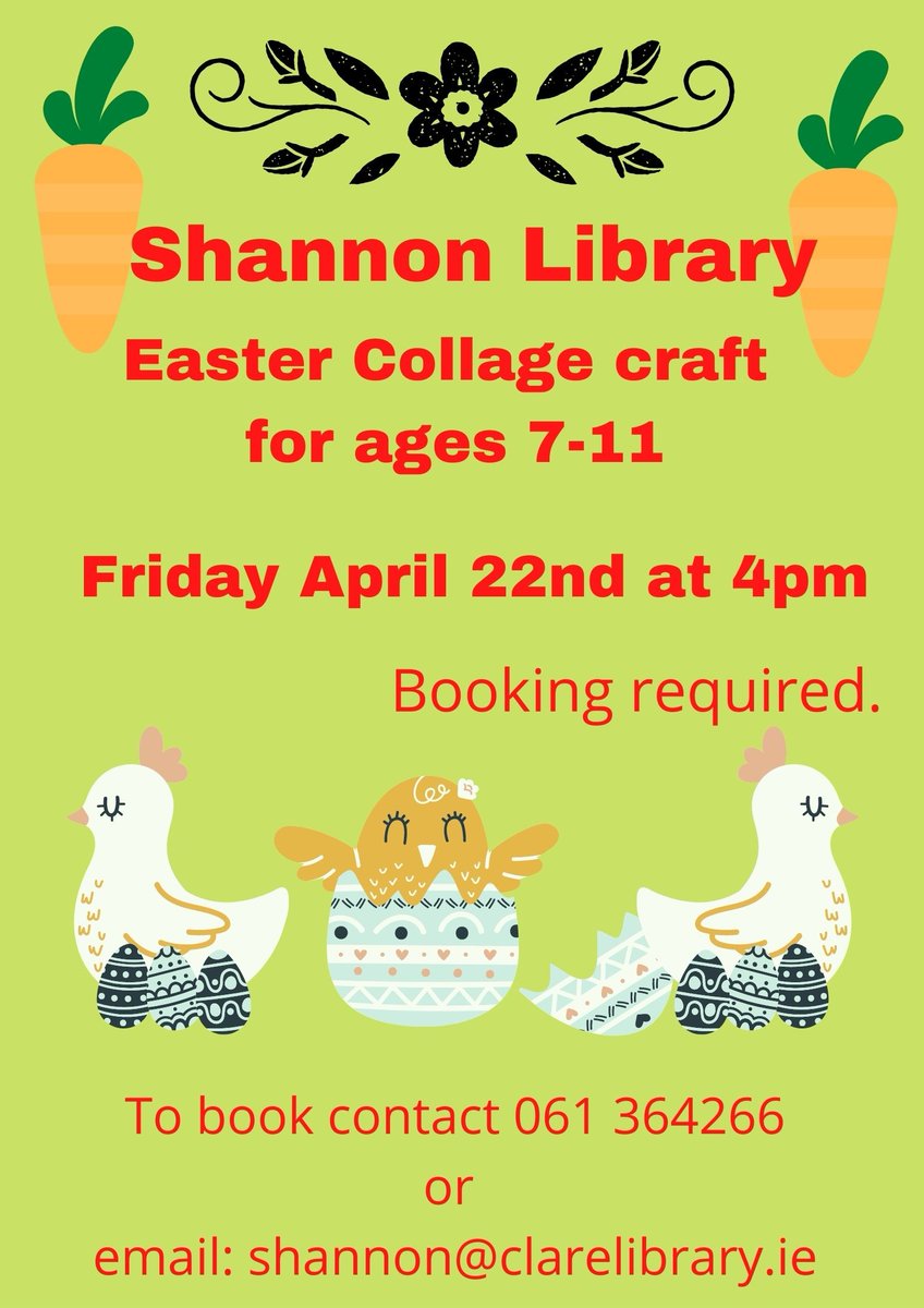 clarelibrary's tweet image. Easter Collage  Craft for ages 7 to 11, 4pm  Friday April 22nd  at Shannon Library.
To book your place please contact 061 364266 or email shannon@clarelibrary.ie
#eastercraft #shannonlibrary