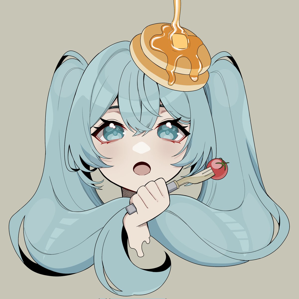 hatsune miku 1girl solo twintails fork open mouth food long hair  illustration images