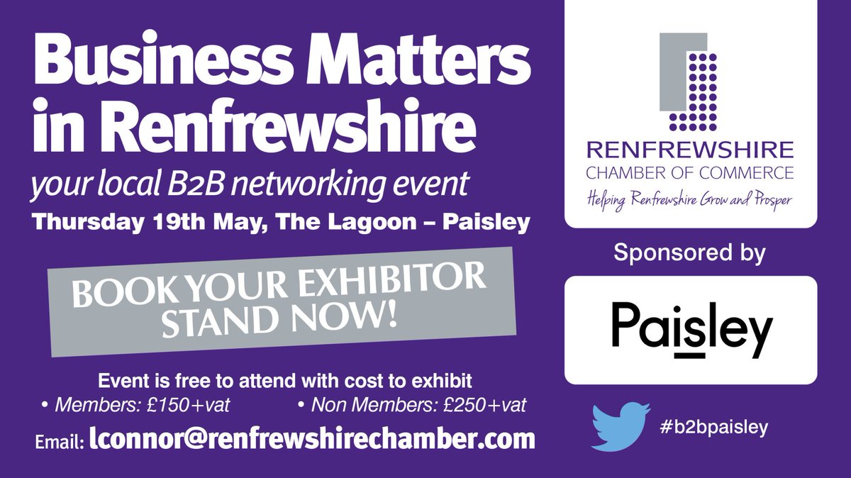 RenfrewshireCoC's tweet photo. Join us for Business Matters in Renfrewshire on Thursday 19 May at The Lagoon, Paisley. Sponsored by @paisleyis, it's the largest business event in #Renfrewshire. Free to attend and a great way to learn, network and promote your business. https://t.co/NcfkKhQww9