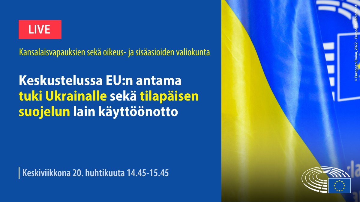 Europarl_FI's tweet image. 🇪🇺@EP_Justice keskustelee tänään EU:n antamasta tuesta #Ukraina​lle.

Keskustelussa on myös tilapäistä suojelua koskevan lain käyttöönotto. #TemporaryProtection

🔴Seuraa suorana: eptwitter.eu/q6Qs
#StandWithUkraine