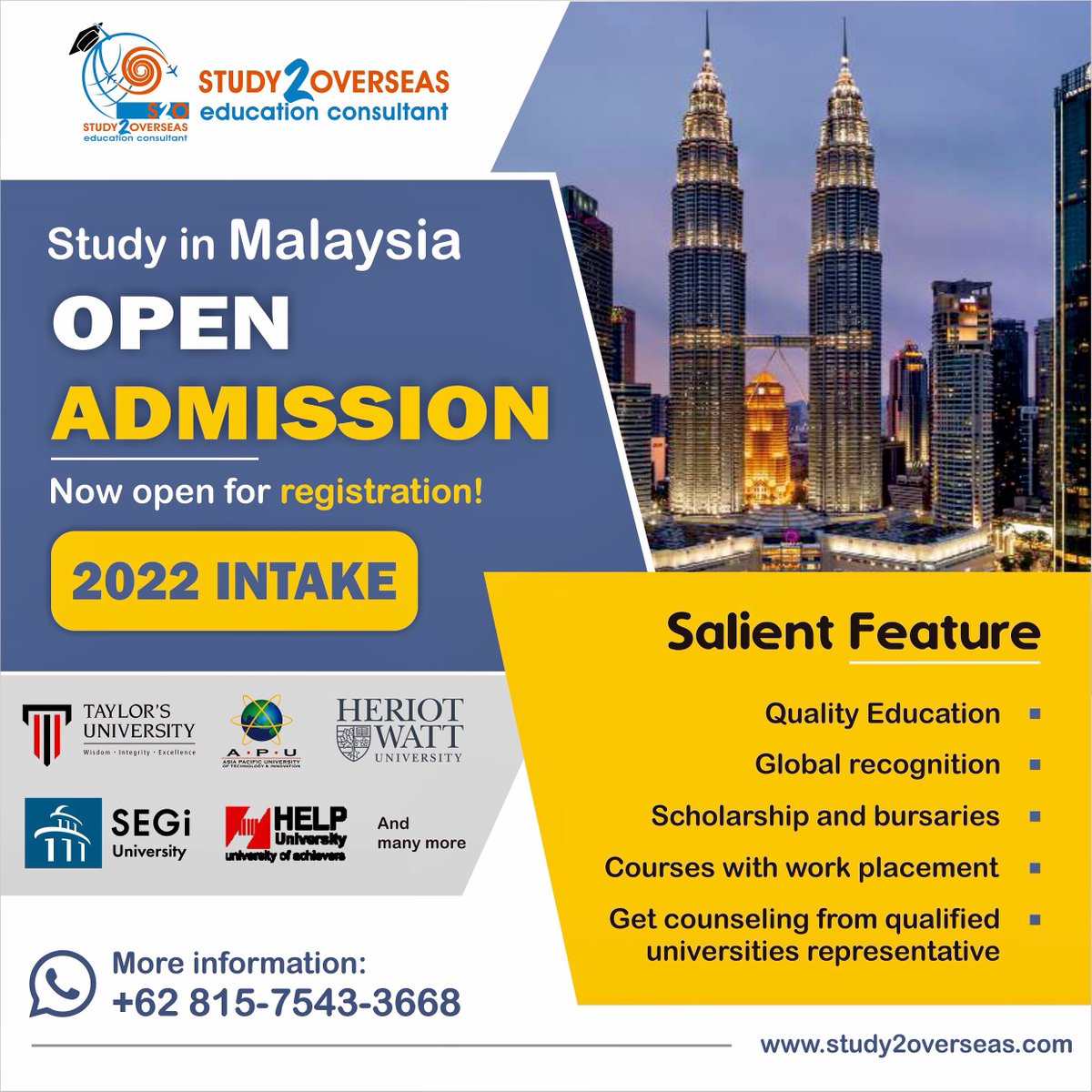 study2overseas's tweet photo. @kesokye Yuk kak free konsultasi seputar kuliah di Malaysia dengan kita lewat DM, kamu boleh tanya seputar univ, jurusan dan bahkan beasiswa juga loh
Kita tunggu ya!☺️ https://t.co/hG5U5H0XOC