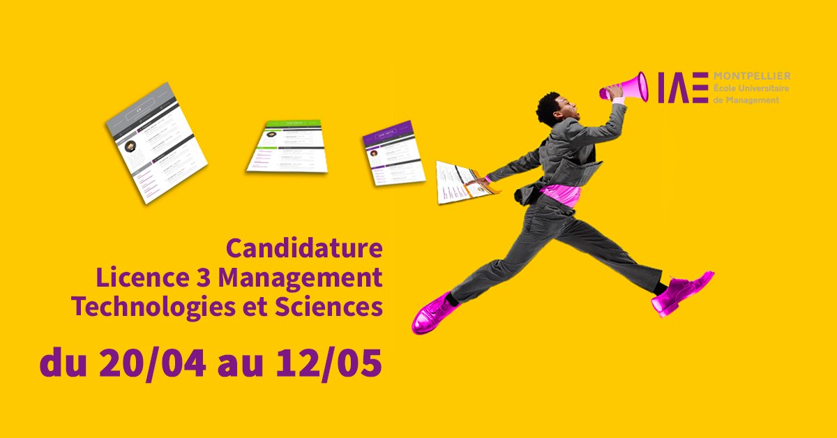 Les candidatures 2022-23 pour la Licence 3 Management Technologies et Sciences (MTS) sont ouvertes sur eCandidat.
🍀 L3 MTS : lnkd.in/eThit4X
📹 Présentation en vidéo : lnkd.in/e4kEVFWk
📍Calendrier des candidatures : lnkd.in/eFJb5QPm
#IAE #Montpellier