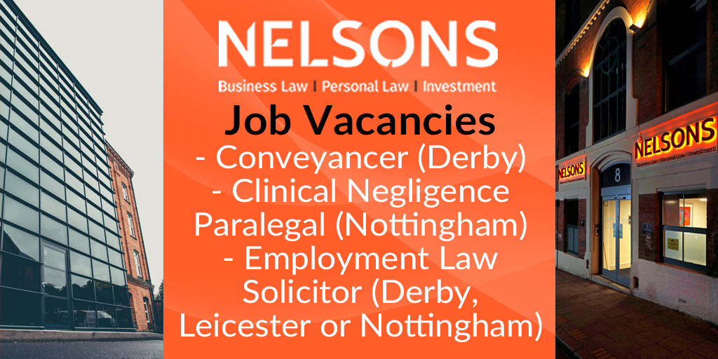 Considering a new job? We’re currently recruiting for three roles in our #Derby, #Leicester and #Nottingham offices - a #Conveyancer, a #ClinicalNegligence Paralegal and an #EmploymentLaw Solicitor. Want to know more? If so, visit our website: bit.ly/2RnrEvB