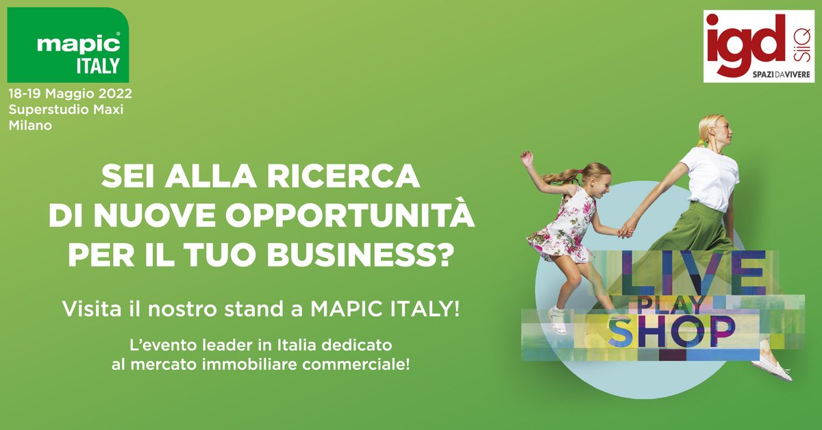 Manca meno di un mese #MAPICItaly 2022, che si terrà dal 18 al 19 maggio presso Superstudio Maxi a Milano.
<a href="/MapicItaly/">MAPICItaly</a> è l’evento leader in Italia dedicato al mercato immobiliare commerciale ed è per noi un appuntamento imperdibile.
Vi aspettiamo al nostro stand D01!