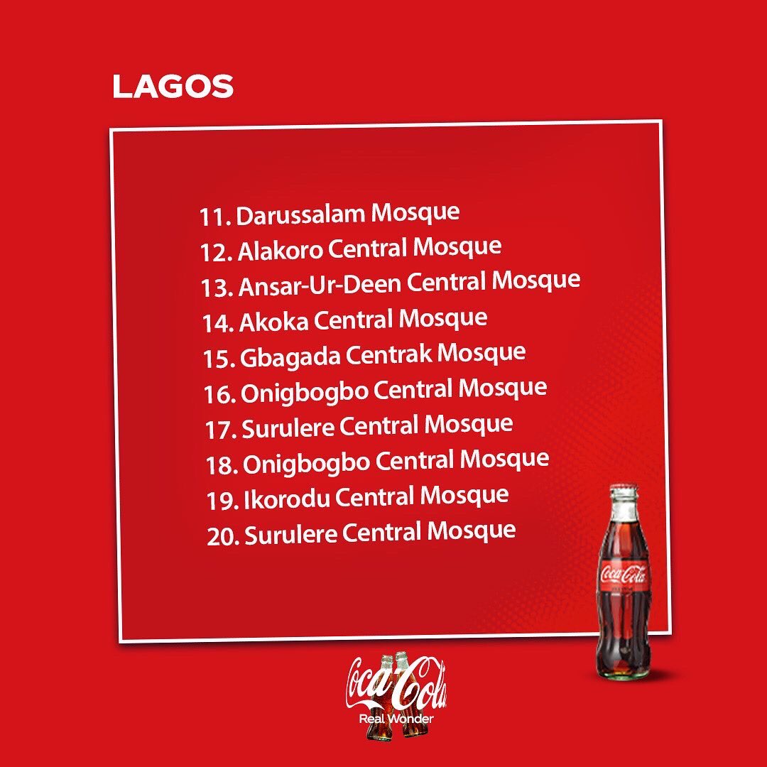CocaCola_NG's tweet photo. This Ramadan, Coca-Cola is bringing the ultimate Iftar experience to a mosque near you!
To enjoy an Iftar Wonder Meal, meet with us between the 23rd to 28th of April at any of the mosques listed above.
#RamadanWithCoke #RealWonder #CocaColaNG https://t.co/90riHqEWIS