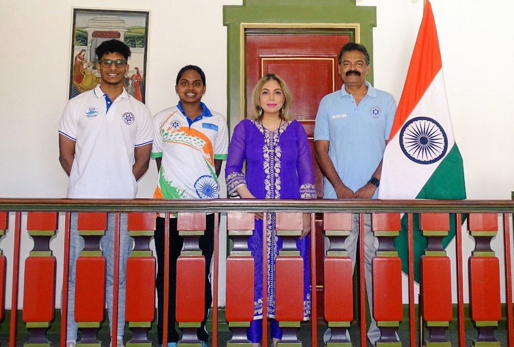 The Indian swimming team participating in the Danish Open Swimming Championship wherein they won Gold &amp; Silver were felicitated at the Embassy by Amb Pooja Kapur. Congratulations to the young talent!

#SajanPrakash #VedantMadhavan #TanishMathew #ShakthiBalakrishnan #PradeepKumar