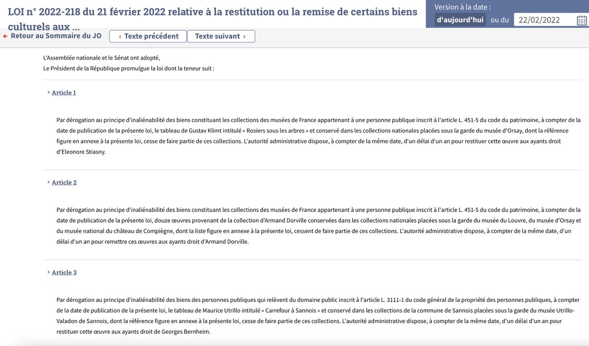 In France 🇫🇷 this is what a #restitution law looks like 👇 - the latest, from 21 Feb 2022, derogating from "inalienability principle" and allowing return from #museums to families of 15 works looted by Nazis. What will the next one will look like? 🤔
legifrance.gouv.fr/jorf/id/JORFTE…