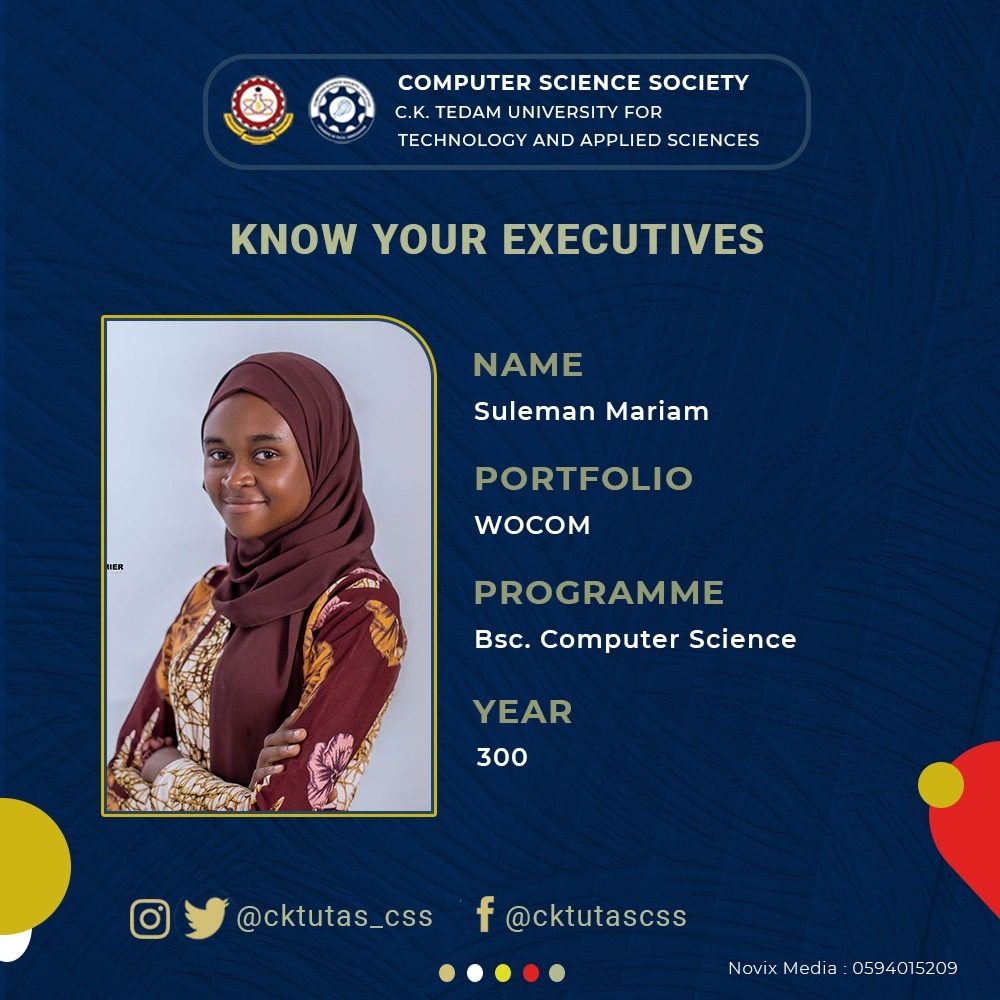 cktutas_css's tweet photo. Fellow members, I present to you your 2021/2022 executives. 
☆------------------------------------------------------------☆

Miss. SULEMAN MARIAM - CSS WOCOM

You have started well and we continue wishing you success in your office.

#KnowYourExecutives 
#coded4action https://t.co/CLg8LZkwj9