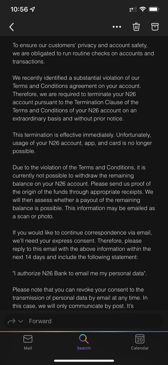 chuckelicious's tweet photo. @anneso_kemp @n26 Same here. They cancelled my account and blocked every access. Not even a clue why?! Contacting support doesn’t bring anything waiting since weeks to get feedback from them. 
Luckily I was able to move my money before they blocked everything. #N26 #n26bullshit #n26bs https://t.co/nPfyyEfsaz