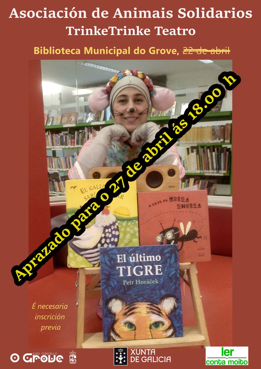 Bibliogrove's tweet photo. AVISO!!!
Aprazado ao mércores 27 de abril o #contacontos "Animais solidarios" por razóns de forza maior.
Desculpade as molestias https://t.co/m0BhzuWLbl
