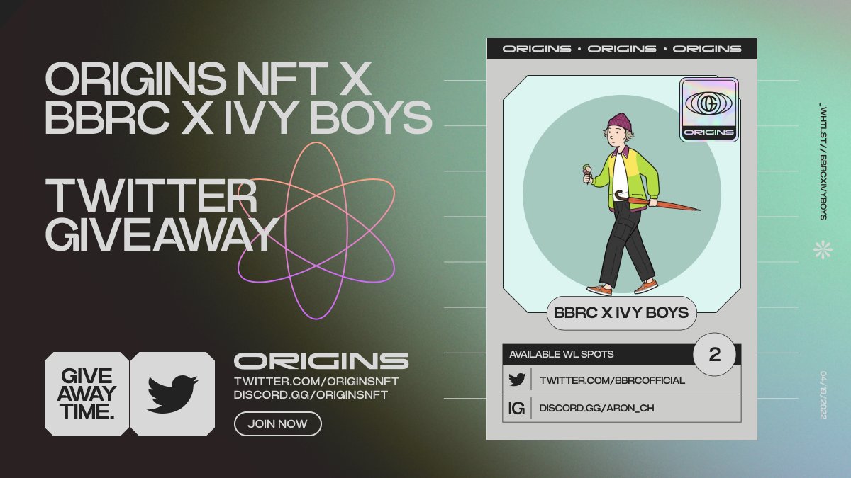 OriginsNFT's tweet image. Origins x BBRC X IVY BOYS

We’re excited to announce that we are giving away 2 Pre-sale Spots.
To join:

1️⃣ Follow @OriginsNFT &amp;amp; @BBRCOfficial
2️⃣ Like &amp;amp; Retweet
3️⃣ Tag 3 Friends 

Winners announced in 24 hours!