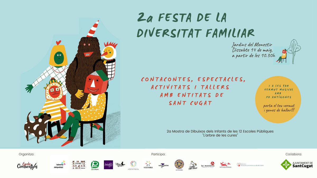 🎉S'apropa la 2ª Festa de la Diversitat Familiar!!
😎Reserveu la data: dissabte 14 de maig a #SantCugat 
🔝Festassa oberta a tothom, de la mà d'entitats locals!!
#FestaDiversitatFamiliar #diversitatfamiliar