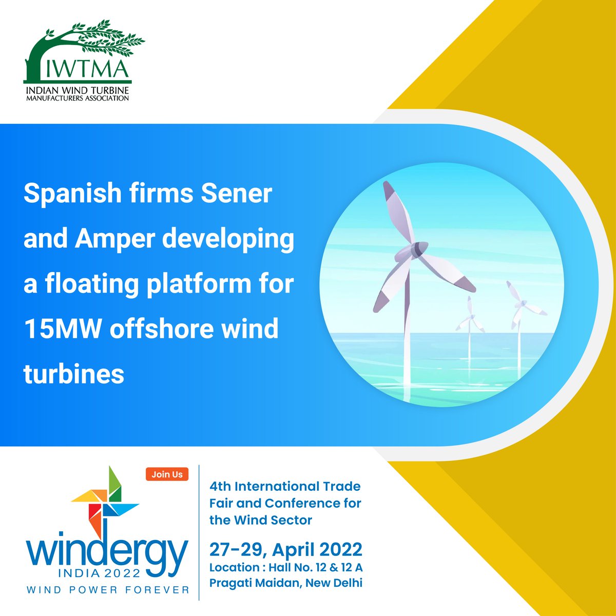 indianwindpower's tweet photo. SENER Renewable Investments and Amper Group, through its subsidiary Nervión Naval-Offshore will be collaborating to develop a floating platform for 15MW offshore wind turbines.
#iwtma #energy #renewableenergy #cleanenergy #greenfinance #india #renewables #greenenergy https://t.co/Y3ZIxNe0lc