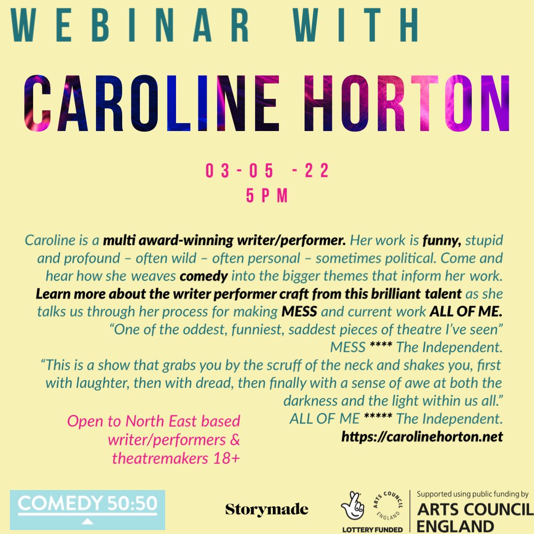 HelloStorymade's tweet image. North East writer/performers and theatre makers. Come and hear award-winning theatre maker @carolineplays discuss her process for making MESS and ALL OF ME. @50Comedy50