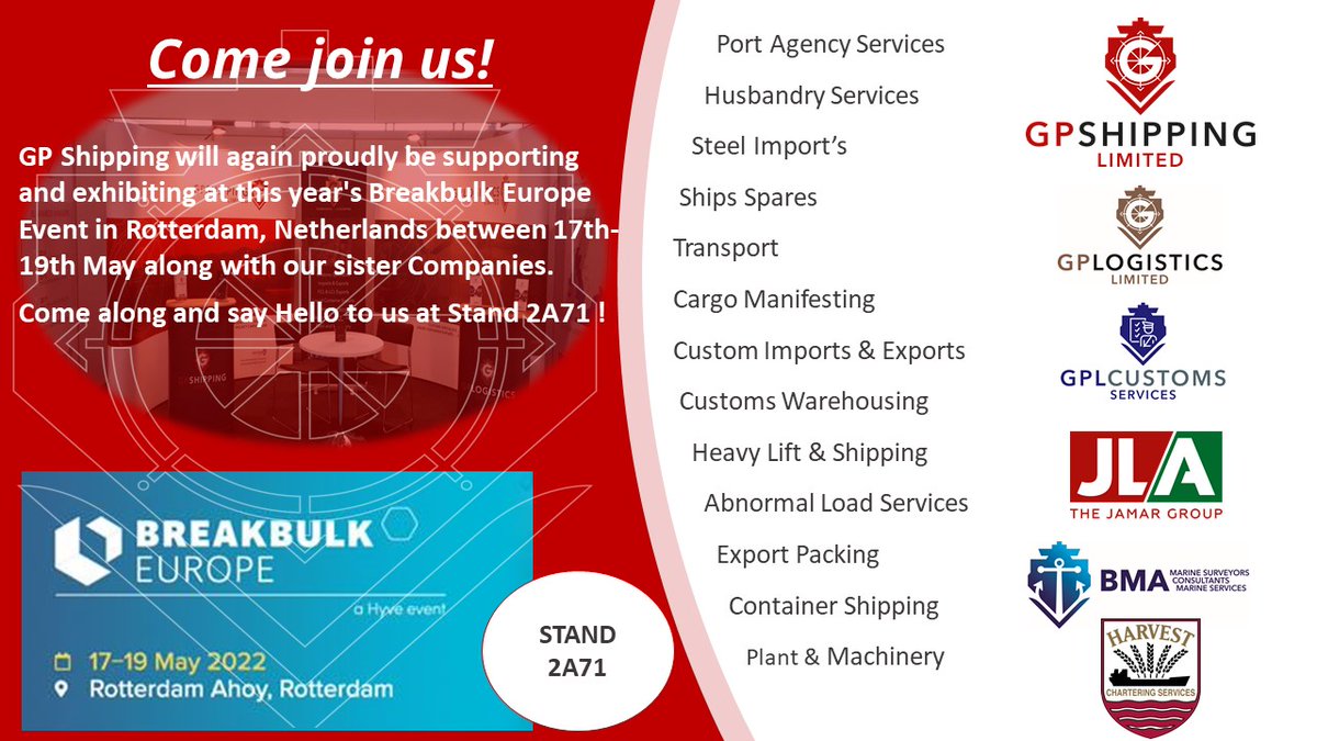gp_shipping's tweet photo. In just 4 weeks time the doors will be open at Breakbulk Europe in Rotterdam. After two years it will be great to see old friends and new again, come along to our stand to discuss all your Breakbulk requirements #Rotterdam #Breakbulk #shipping https://t.co/ixM44JLVIp