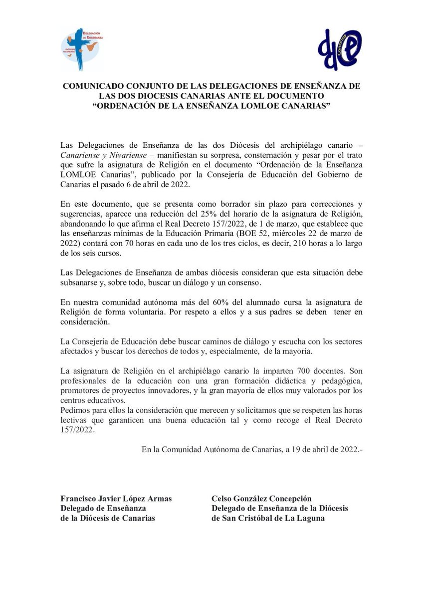 ⚫️🔴“Sorpresa, consternación y pesar” en  <a href="/Erecanarias/">Delegación de Enseñanza - Diócesis de Canarias</a>  y <a href="/erenivariense/">Delegación de Enseñanza - Diócesis Nivariense</a>   al saber que @EducacionCan  reducirá un 25% el horario 📉 de la asignatura de #Religión en las islas 🇮🇨, tal como se detalla en la Ordenación de la Enseñanza #LOMLOE #Canarias