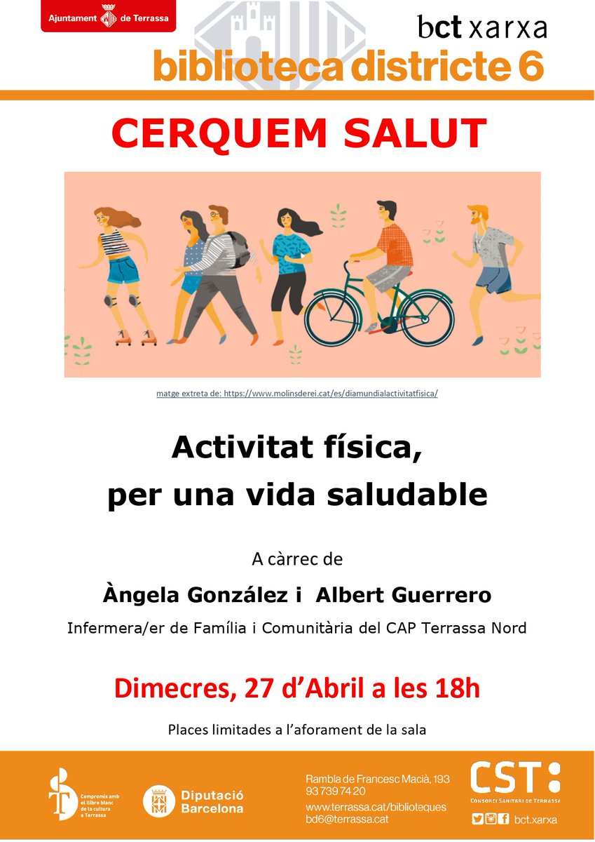 CSTerrassa's tweet photo. 📢Cerquem Salut: Activitat física, per una vida saludable

🗓️El dia 27 d'abril vine a la #biblioteca bd6 de #Terrassa a escoltar la xerrada a càrrec d'Àngela González i Albert Guerrero, infermers del #CAPTerrassaNord 

#CerquemSalut #ActivitatFísica
@bctxarxa https://t.co/SN0VJCAKLM