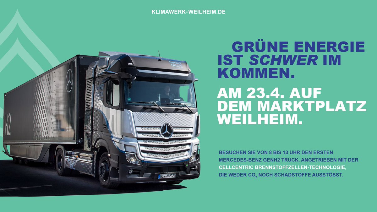 Besuchen Sie den ersten Mercedes-Benz GENH2 Truck. Angetrieben mit der #cellcentric Brennstoffzellen-Technologie, die weder CO2 noch Schadstoffe ausstößt.

Zur Veranstaltung: fb.me/e/2u1dAb0Jw
#klimawerk #weilheim #atTRUCKtion