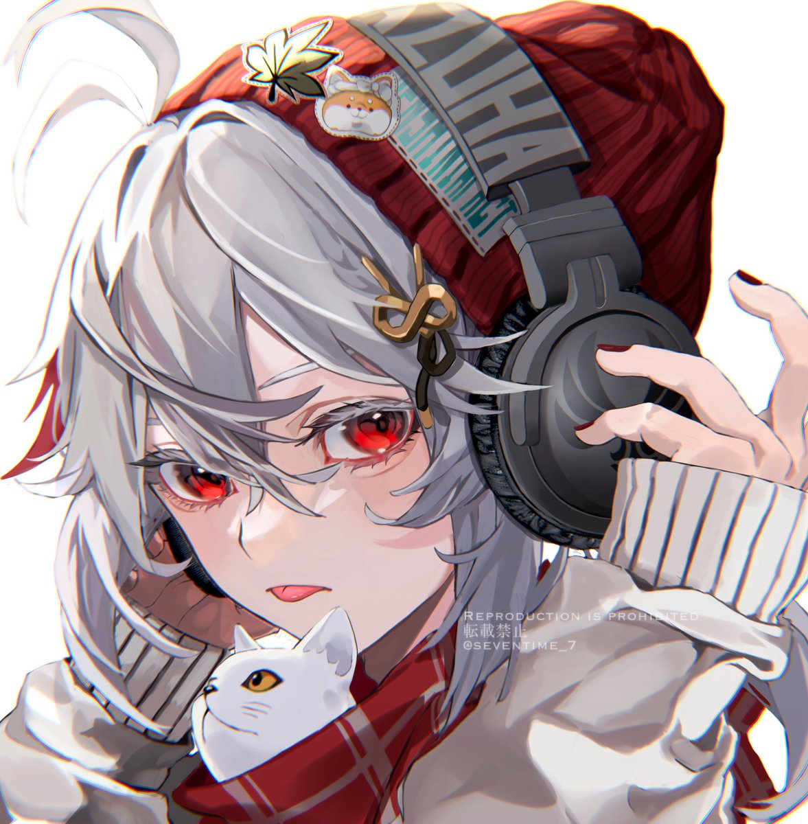 kaedehara kazuha red eyes red scarf male focus scarf 1boy headphones cat  illustration images