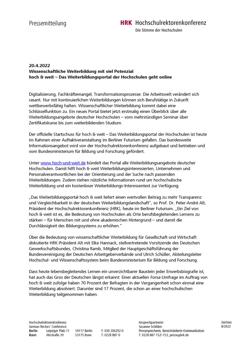 Bild der HRK-Pressemitteilung zum Start von "hoch & weit"