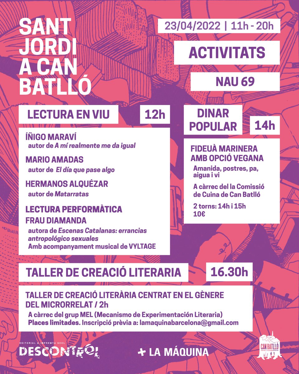pol_lenedicions's tweet photo. #PARADA El 23 serem també a @CanBatllo compartint parada amb #OnaEdiciones a la Nau 69 amb els amics de @DescontrolEd @Descontrol_Impr 👇👇 D'11 a 20h https://t.co/l9raBMBkPj