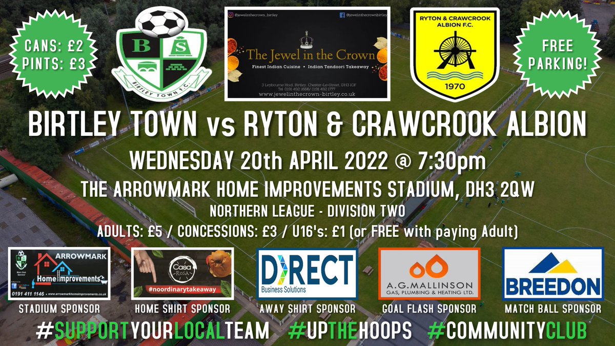 IT'S MATCHDAY | ⚽️⚽️⚽️

It's our last game of the season tonight as we host playoff hopefuls <a href="/RACAFC1970/">RYTON & CRAWCROOK ALBION FC</a>. Come on down, it's gonna be a busy #NonLeague night!
Wadgey's Bar open from 6pm!
Match sponsor: Jewel in the Crown
#UpTheHoops #CommunityClub #NonLeague #SupportYourLocalTeam