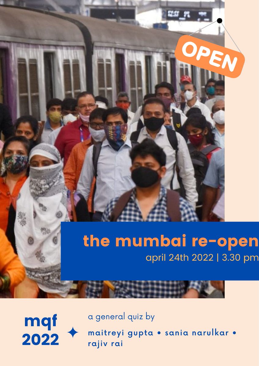 MQF 2022

Mumbai has opened up again and so the headline quiz on Sunday is called The Mumbai Re-Open with <a href="/rajivrai_quiz/">Rajiv Rai</a> <a href="/sania_n/">Sania Narulkar</a> and <a href="/maitreyi_gupta/">Maitreyi Gupta</a> 

And those who are single, just land up. You could end up teaming up with champions (who are also single)