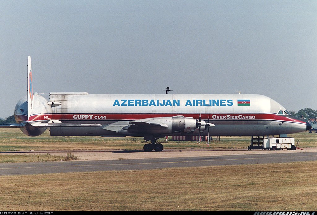 ClassicsPlanes's tweet photo. An Azerbaijan Airlines Canadair CL-44 guppy seen here in this photo at London Southend in 1997 #avgeeks ©- See photo https://t.co/4M1EsuVKMe