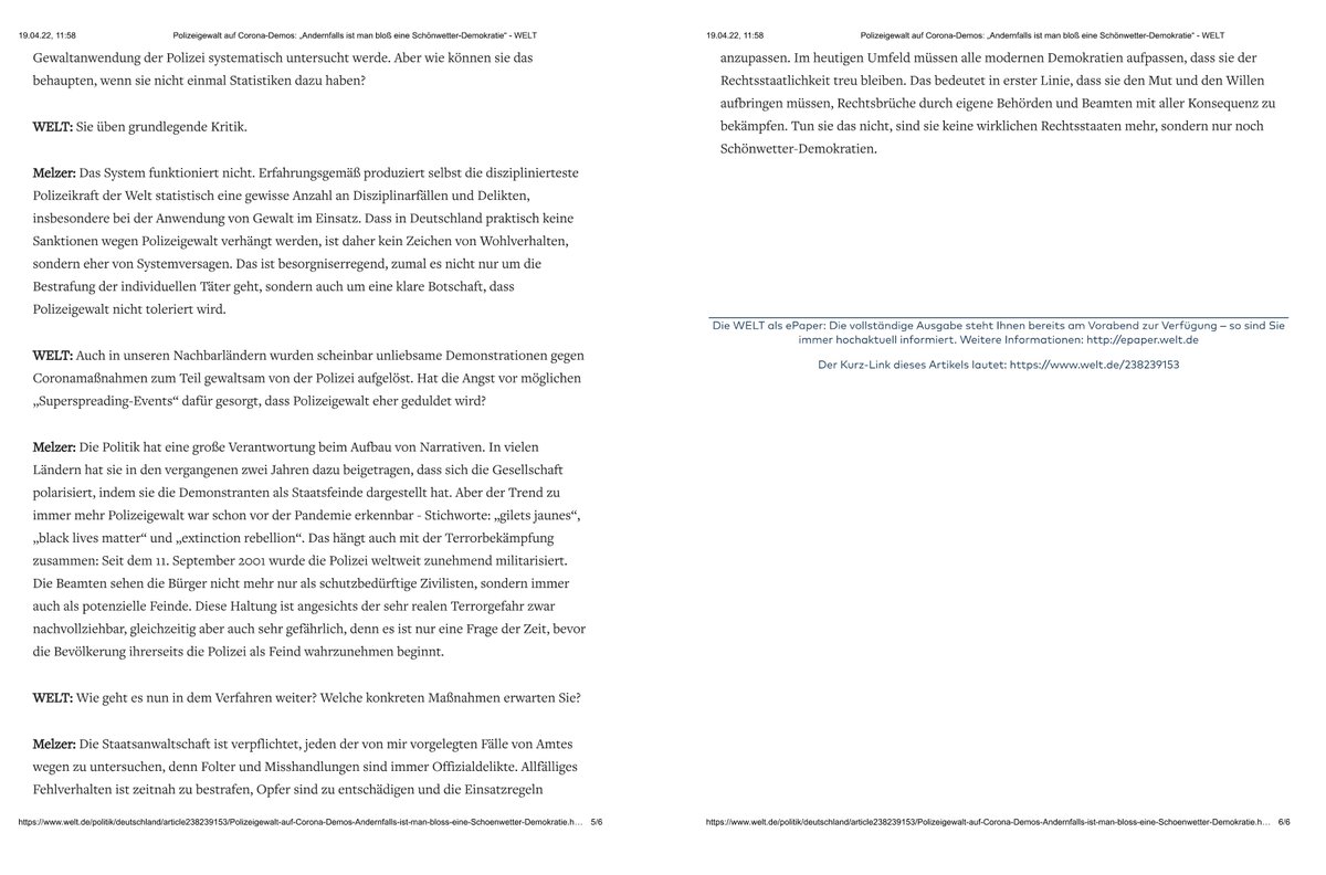 Danke @WELT für dieses Interview zum Abschluss meiner Untersuchung von #Polizeigewalt in #Deutschland. ➡️Weltweit gilt: Wenn ein Land praktisch keine Sanktionen für Polizeigewalt verhängt, ist das kein Zeichen von Wohlverhalten, sondern von Systemversagen. bit.ly/3McvcaE